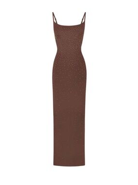 SKIMS X Swarovski Brown Beaded Slip Maxi Dress